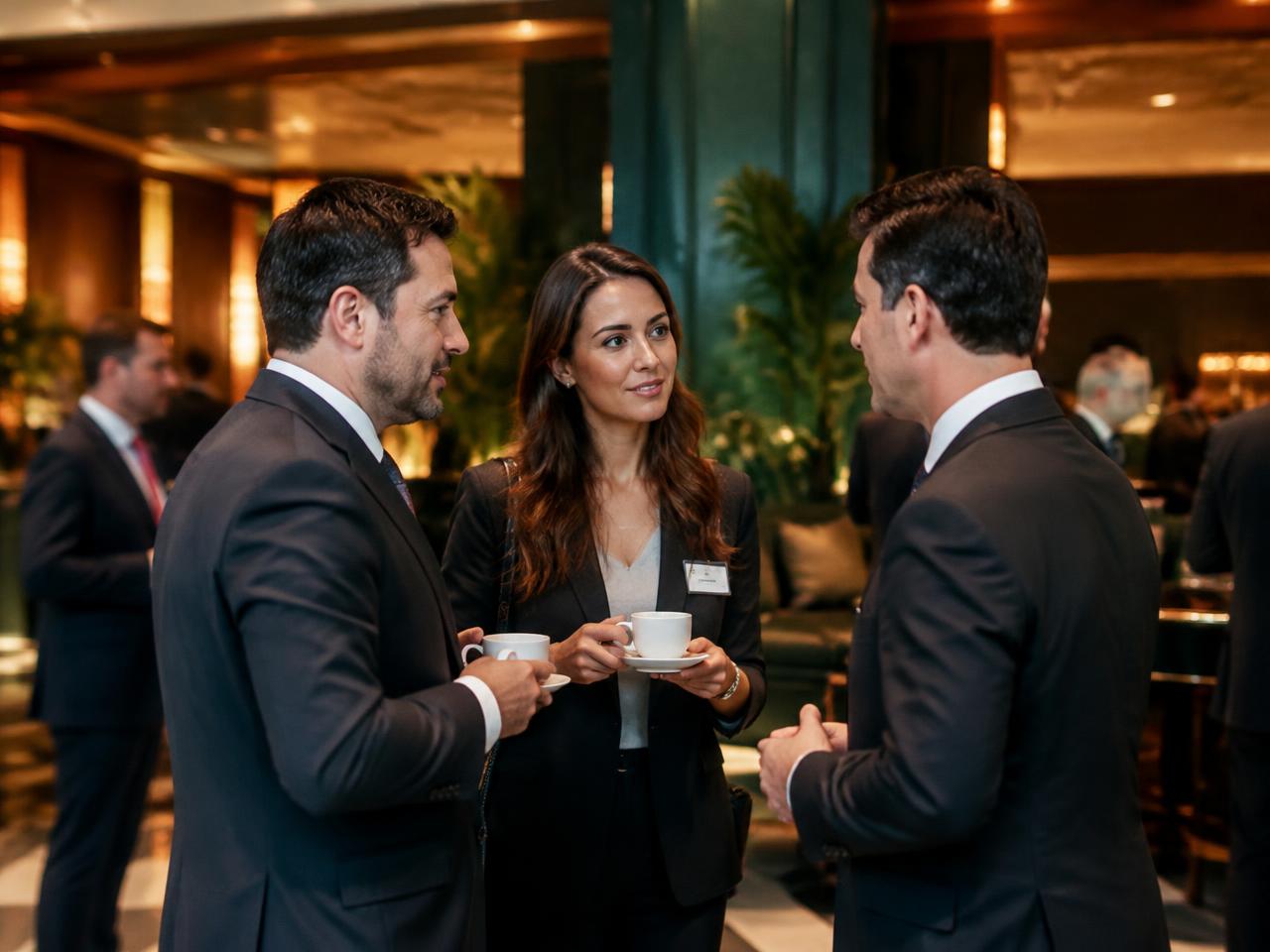 Executivos em conversa durante encontro de networking
